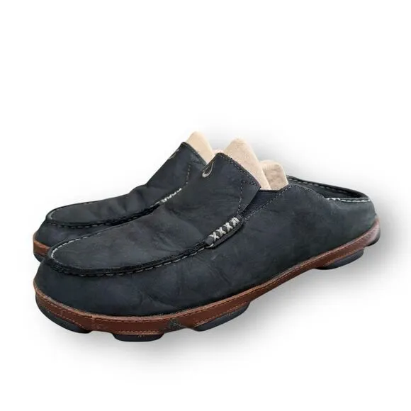 Olukai Moloa Slip on Black Leather Shoes Moc Toe Casual Comfort Men's size 8.5