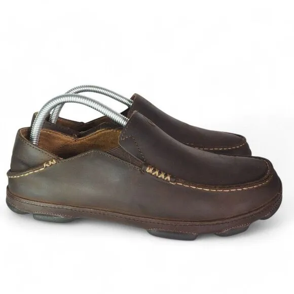 Olukai Moloa Leather Slip-on Shoes Dark Wood / Dark Java Men's 8.5