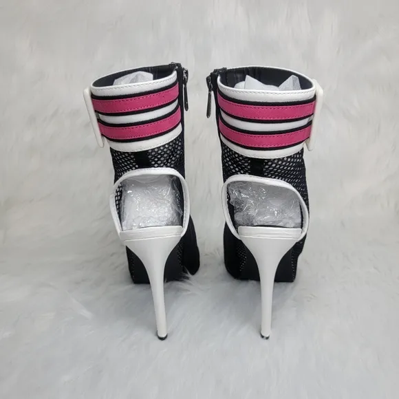 Open toe black mesh stiletto heeled ankle boots.