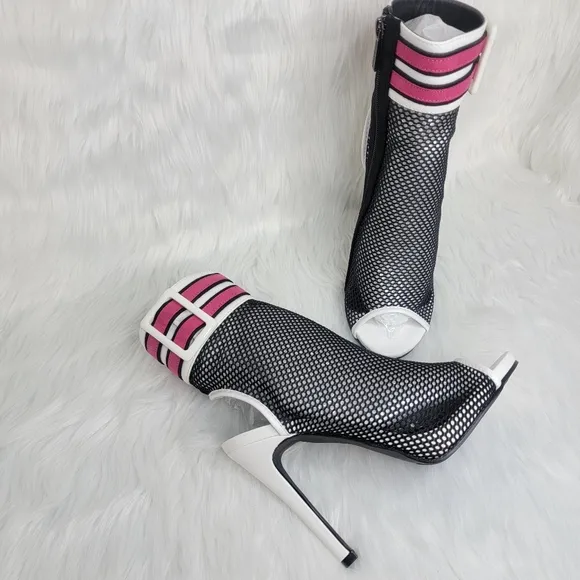 Open toe black mesh stiletto heeled ankle boots.