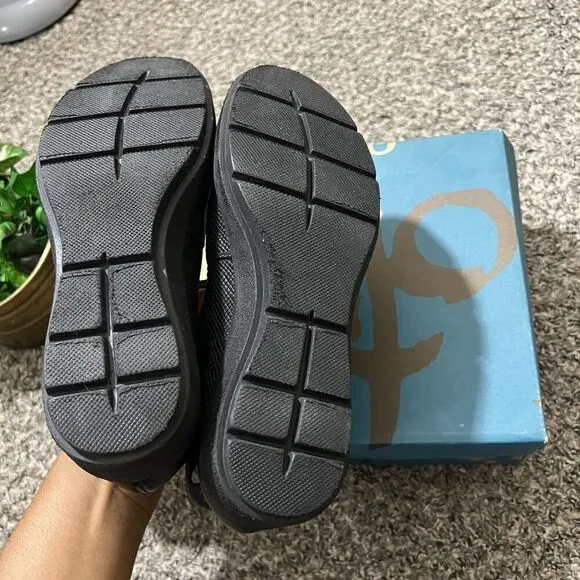 OTBT Scamper Leather Low Wedge Shoes Ankle Strap Size 6.5 M Black Leather New
