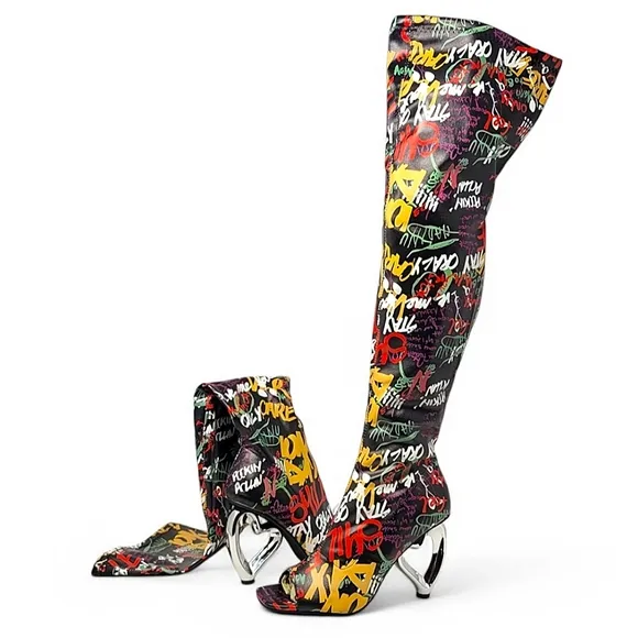Over The Knee Open Toe Graffiti Boots