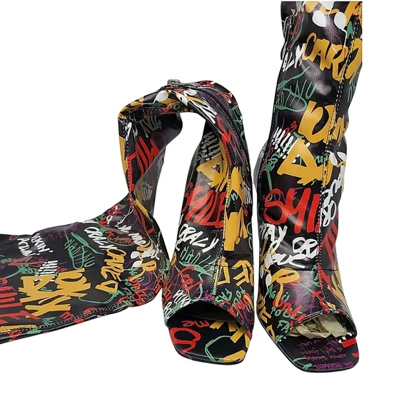 Over The Knee Open Toe Graffiti Boots