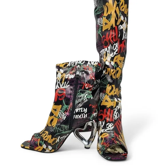 Over The Knee Open Toe Graffiti Boots
