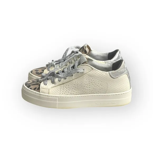 P448 𖤐 Thea Platform Italian Sneakers 𖤐 White Leopard Silver 𖤐 37 6.5M 7M 𖤐 Luxe
