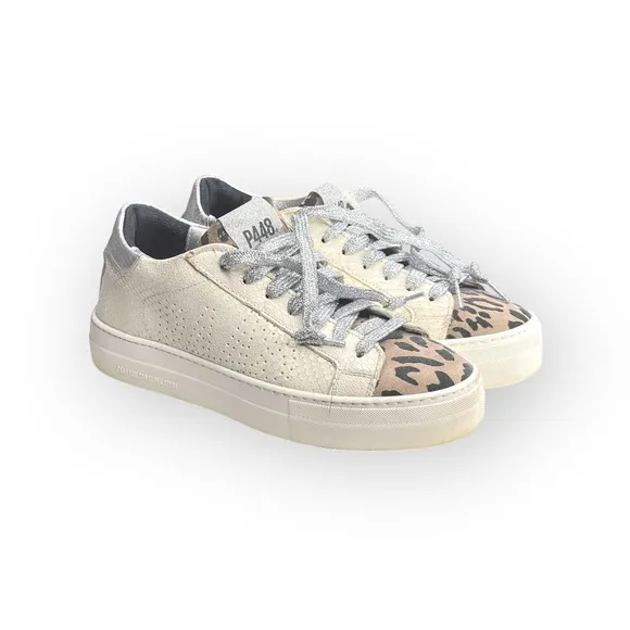 P448 𖤐 Thea Platform Italian Sneakers 𖤐 White Leopard Silver 𖤐 37 6.5M 7M 𖤐 Luxe