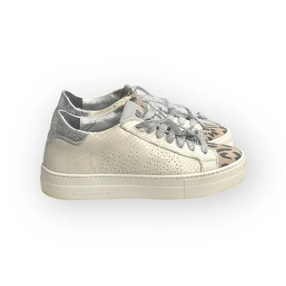 P448 𖤐 Thea Platform Italian Sneakers 𖤐 White Leopard Silver 𖤐 37 6.5M 7M 𖤐 Luxe