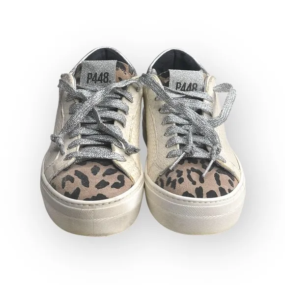 P448 𖤐 Thea Platform Italian Sneakers 𖤐 White Leopard Silver 𖤐 37 6.5M 7M 𖤐 Luxe