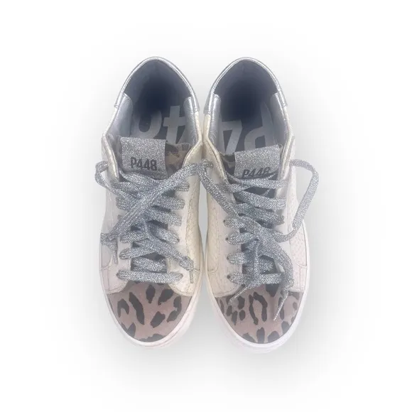P448 𖤐 Thea Platform Italian Sneakers 𖤐 White Leopard Silver 𖤐 37 6.5M 7M 𖤐 Luxe