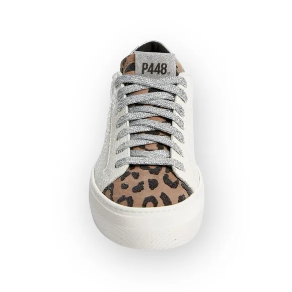 P448 𖤐 Thea Platform Italian Sneakers 𖤐 White Leopard Silver 𖤐 37 6.5M 7M 𖤐 Luxe