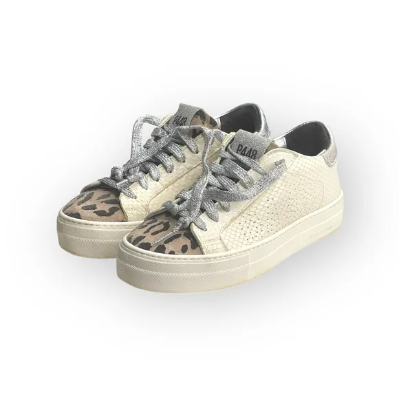 P448 𖤐 Thea Platform Italian Sneakers 𖤐 White Leopard Silver 𖤐 37 6.5M 7M 𖤐 Luxe