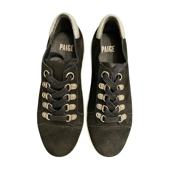 PAIGE Ava Lace Up Suede Sneakers Shoes Leather Distressed Black Silver Size 6