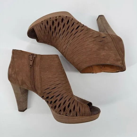 Paul Green Tacey Brown Leather Peep Toe Open Toe Ankle Boots Size US 7.5