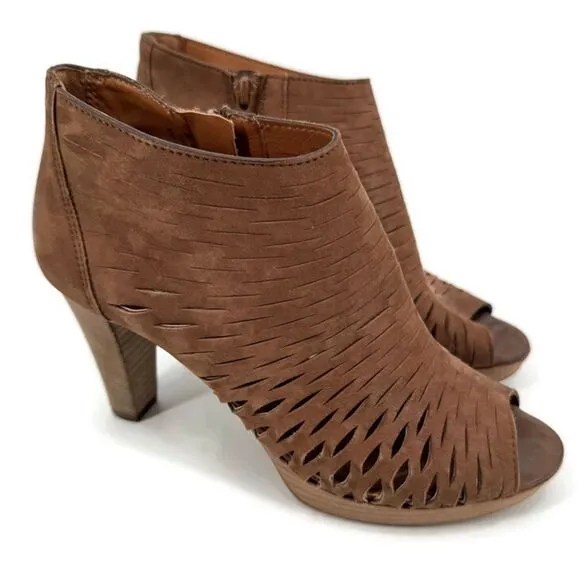 Paul Green Tacey Brown Leather Peep Toe Open Toe Ankle Boots Size US 7.5