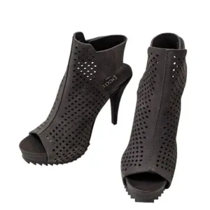 Pedro Garcia Persis Grey Suede Slingback Peeptoe Heeled Perforated Sandals 39.5