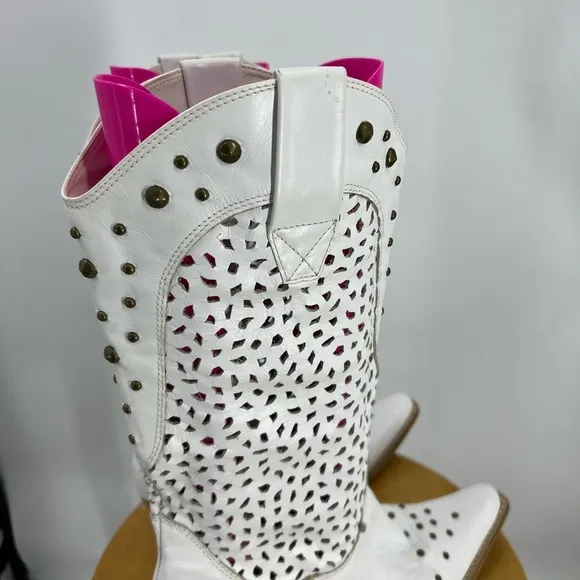 Penny Loves Kenny Holy Cow Studded Brazilian Leather Cowboy Boots White 10