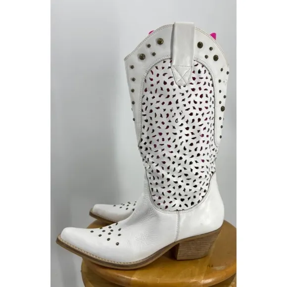 Penny Loves Kenny Holy Cow Studded Brazilian Leather Cowboy Boots White 10