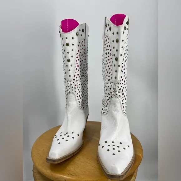 Penny Loves Kenny Holy Cow Studded Brazilian Leather Cowboy Boots White 10