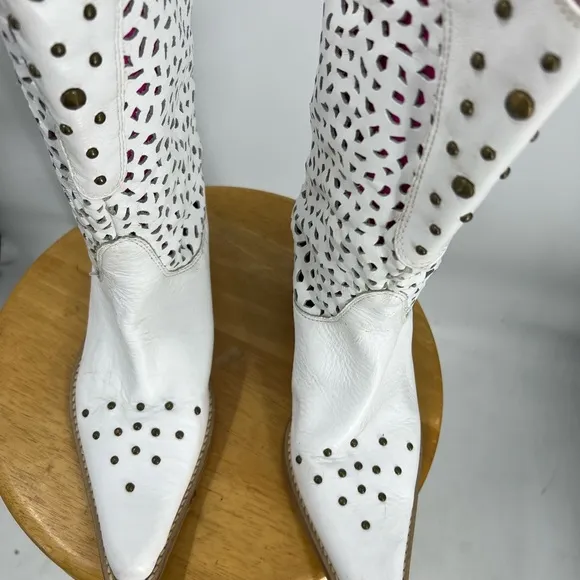 Penny Loves Kenny Holy Cow Studded Brazilian Leather Cowboy Boots White 10