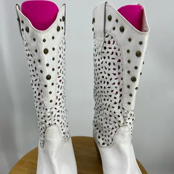 Penny Loves Kenny Holy Cow Studded Brazilian Leather Cowboy Boots White 10