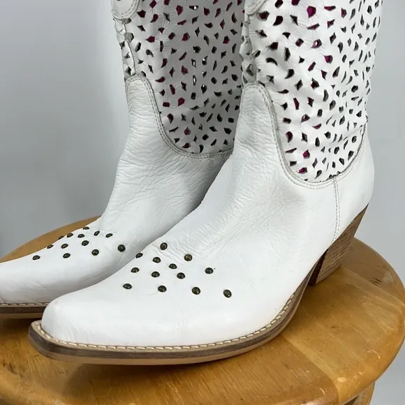 Penny Loves Kenny Holy Cow Studded Brazilian Leather Cowboy Boots White 10