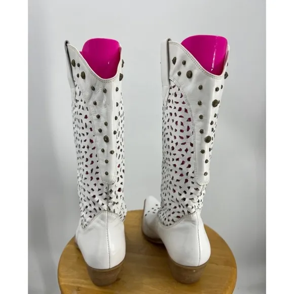Penny Loves Kenny Holy Cow Studded Brazilian Leather Cowboy Boots White 10