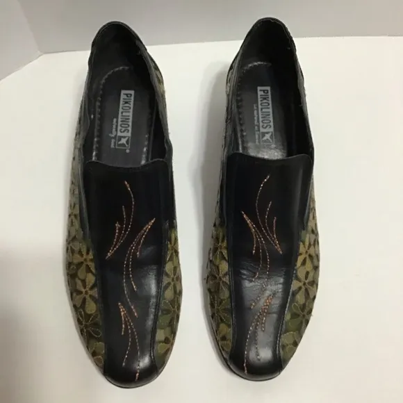 Pikolinos Leather Perforated Embroidered Slip On Low Wedge Shoes Sz 6.5 Women’s