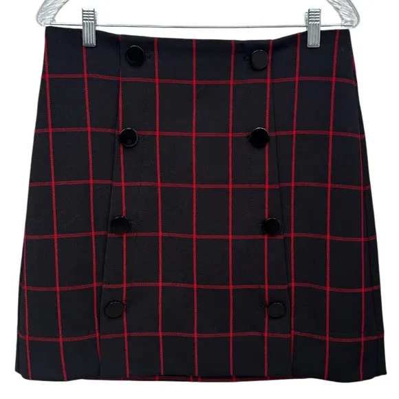 Plaid Button Skirt Classic Windowpane Preppy Career Office Navy Black Red Size 8
