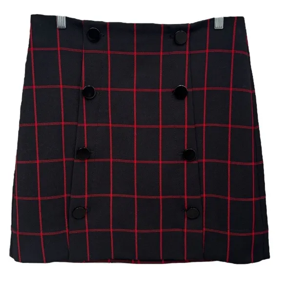 Plaid Button Skirt Classic Windowpane Preppy Career Office Navy Black Red Size 8