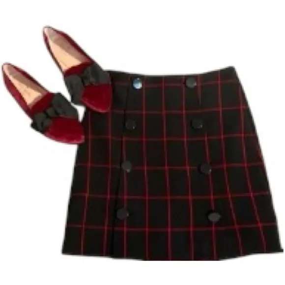 Plaid Button Skirt Classic Windowpane Preppy Career Office Navy Black Red Size 8