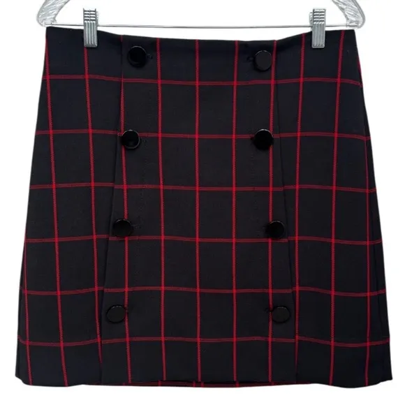 Plaid Button Skirt Classic Windowpane Preppy Career Office Navy Black Red Size 8