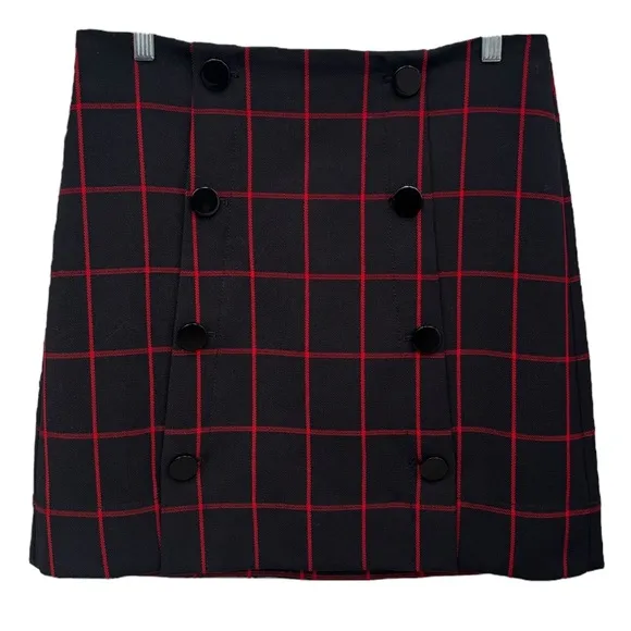 Plaid Button Skirt Classic Windowpane Preppy Career Office Navy Black Red Size 8