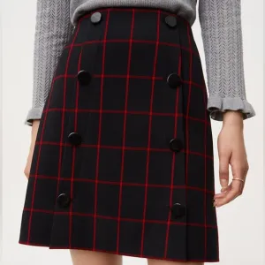 Plaid Button Skirt Classic Windowpane Preppy Career Office Navy Black Red Size 8