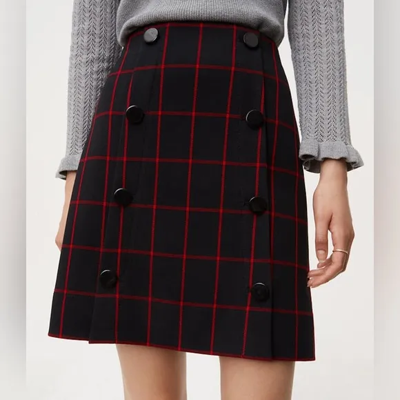 Plaid Button Skirt Classic Windowpane Preppy Career Office Navy Black Red Size 8