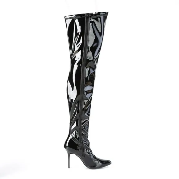 Pointed Toe Stretch Patent Heel Thigh High Boots