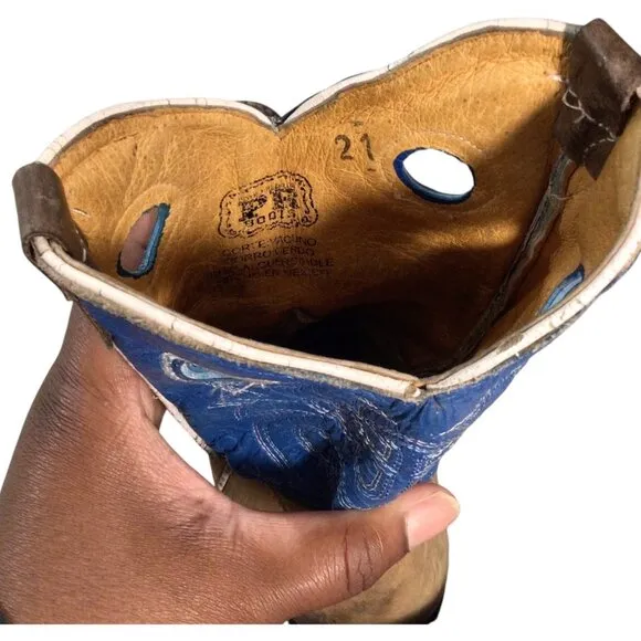 Potro Rebelde Handmade Quincy Cowboy Boots Kids 1 MEX 21 Snip Toe Rodeo Blue Tan