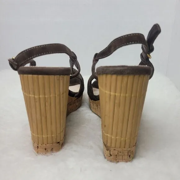 Prada Brown Suede Platform Slingback Cork Wedge Bamboo Sandals Shoes Size 7.5