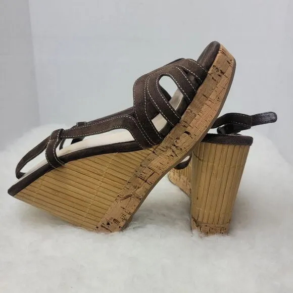 Prada Brown Suede Platform Slingback Cork Wedge Bamboo Sandals Shoes Size 7.5