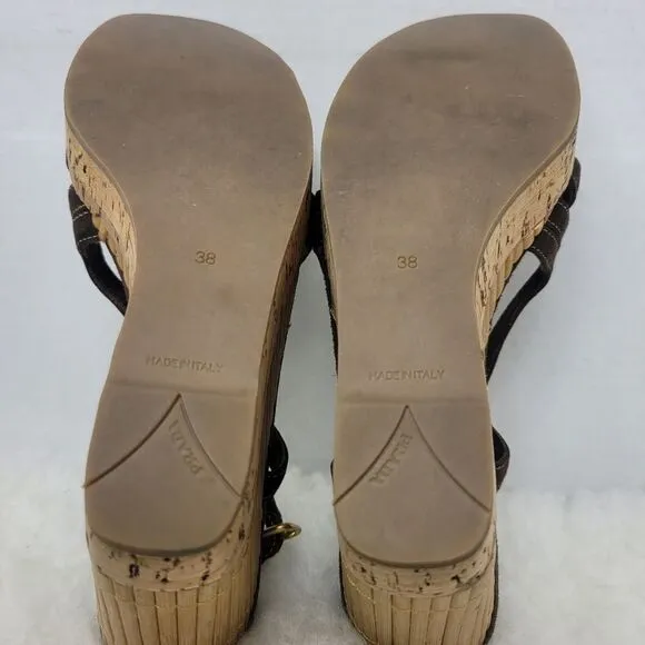 Prada Brown Suede Platform Slingback Cork Wedge Bamboo Sandals Shoes Size 7.5