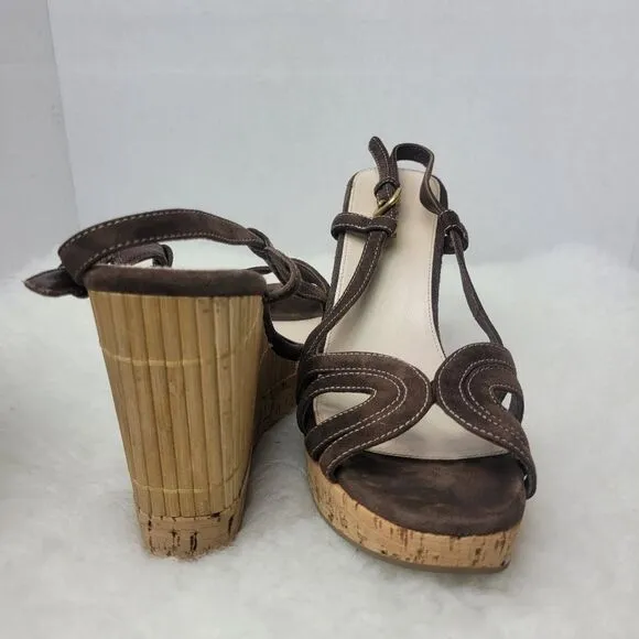 Prada Brown Suede Platform Slingback Cork Wedge Bamboo Sandals Shoes Size 7.5