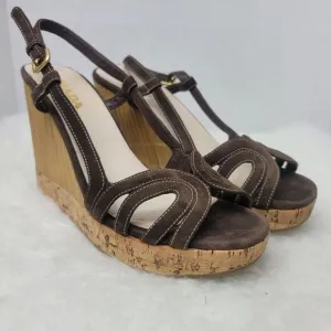 Prada Brown Suede Platform Slingback Cork Wedge Bamboo Sandals Shoes Size 7.5