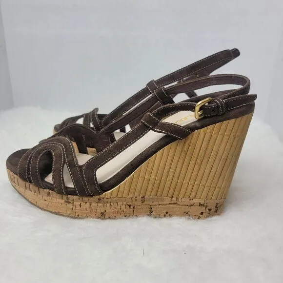 Prada Brown Suede Platform Slingback Cork Wedge Bamboo Sandals Shoes Size 7.5
