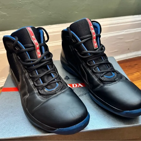Prada Men's &quot;Punta Ala&quot; Black and Blue Sneakers Size 10.5, Vintage