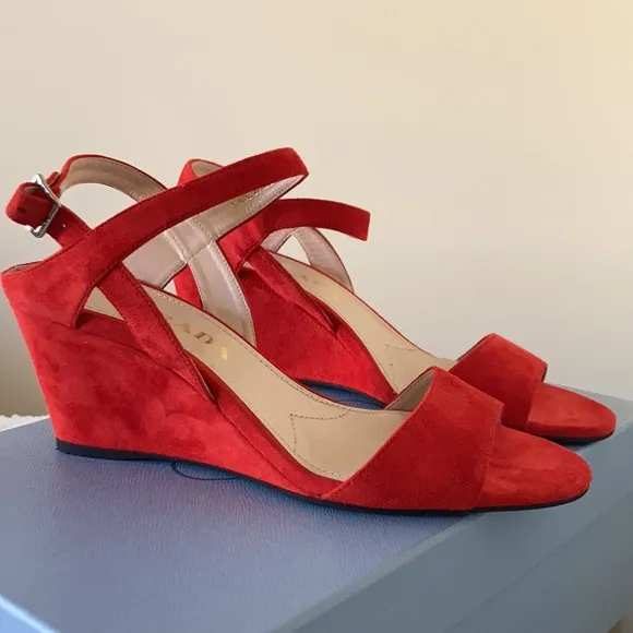 PRADA NEW ❤️Red suede wedge heel sandals size 37.5