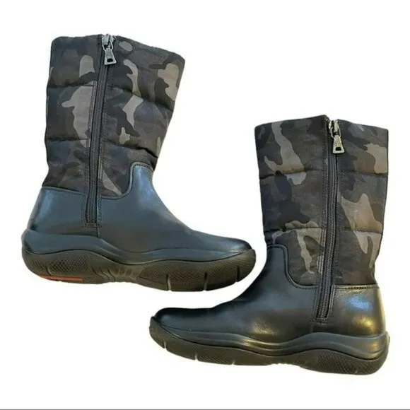 Prada Shoes Nylon Camo Leather Boots Preowned Size 28 US 11