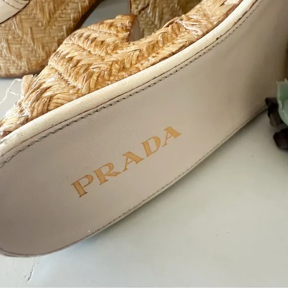 Prada Vintage Women's Cream Wicker Wedge Sandals