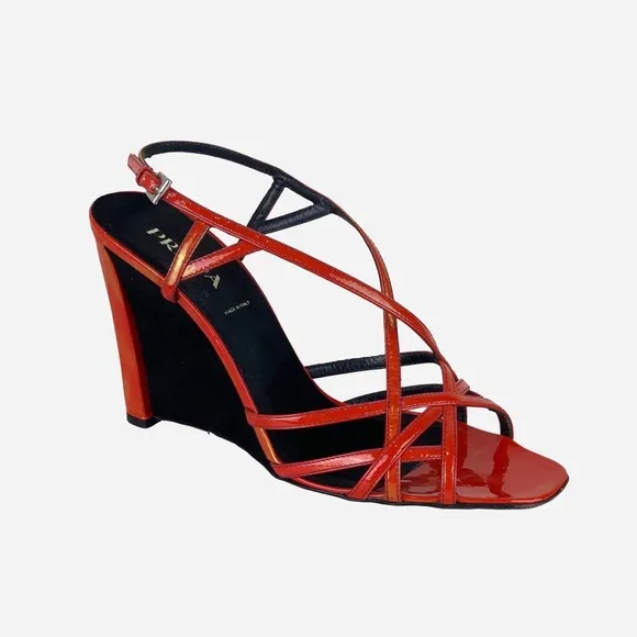 PRADARed Iridescent Patent Leather Wedge Sandals