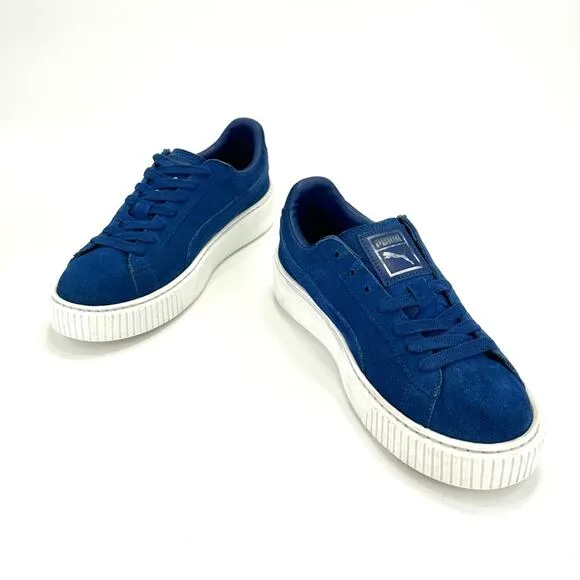 PUMA “ELEMENTAL” BLUE SUEDE PLATFORM LACE-UP LOW TOP ATHLEISURE SNEAKERS