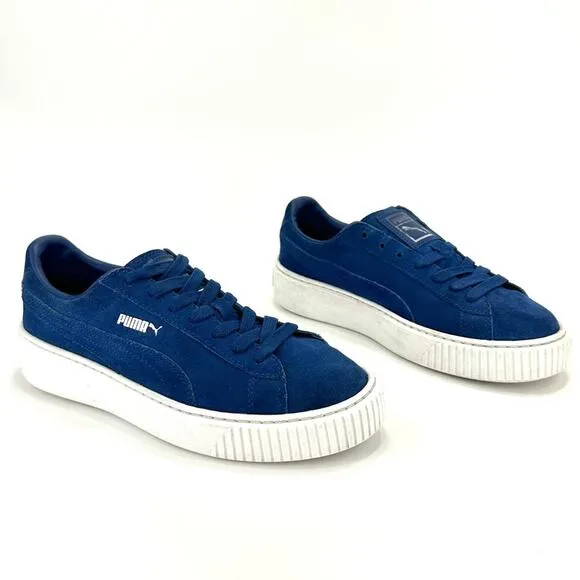 PUMA “ELEMENTAL” BLUE SUEDE PLATFORM LACE-UP LOW TOP ATHLEISURE SNEAKERS