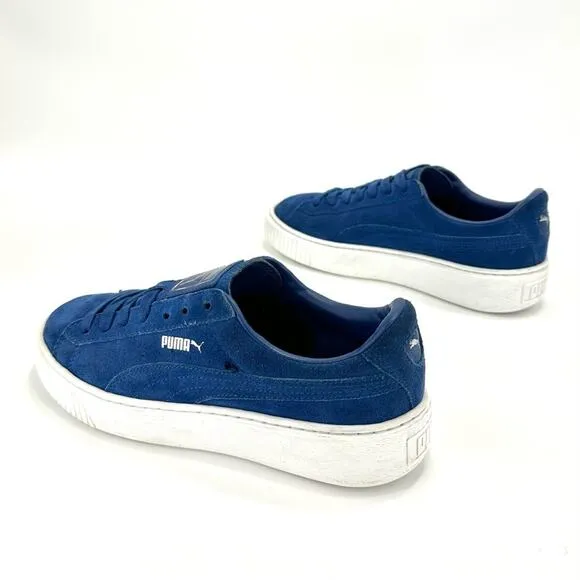 PUMA “ELEMENTAL” BLUE SUEDE PLATFORM LACE-UP LOW TOP ATHLEISURE SNEAKERS